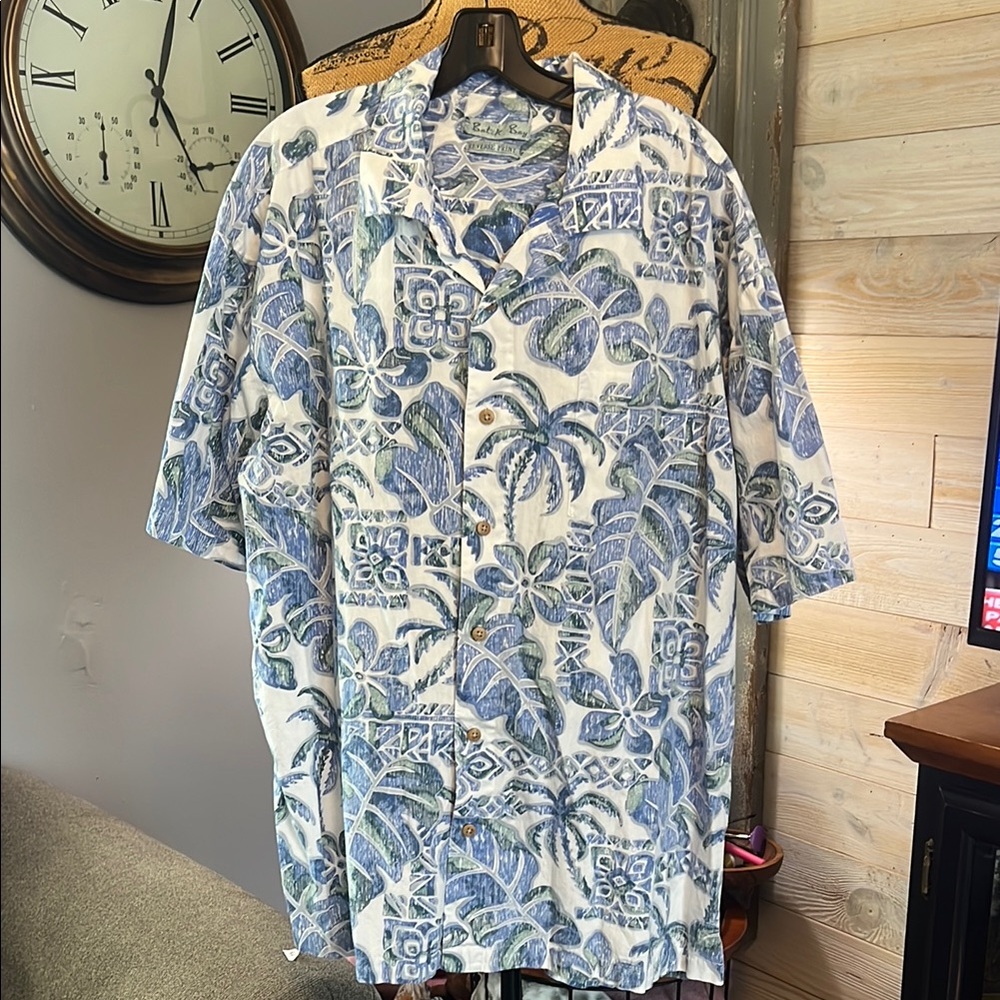 Men's Batik Bay Blue and White Tropical Print Shirt. 2XL